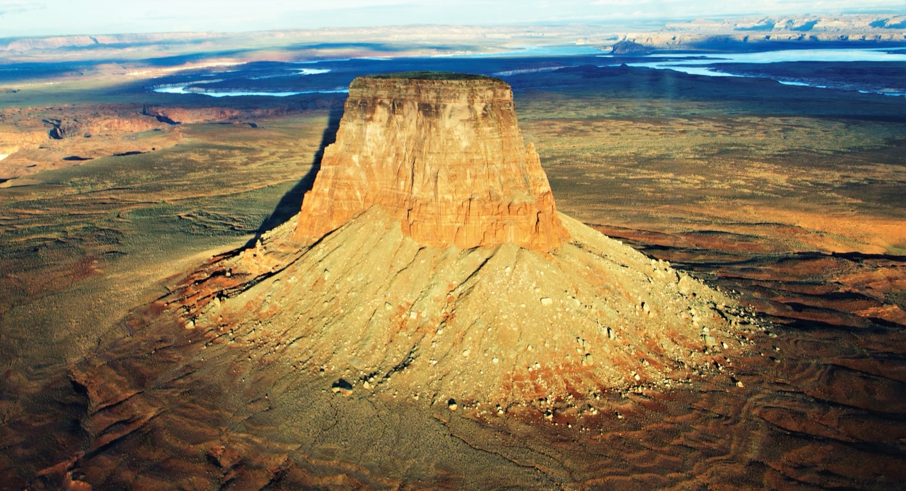 Tower Butte aerial — the 1,000-ft sandstone tower landing spot